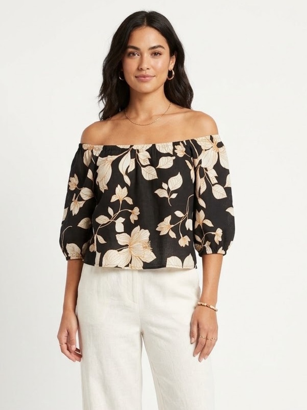 Cynthia Rowley Floral Black Off the Shoulder Elastic Neck Puff Sleeve Linen Top